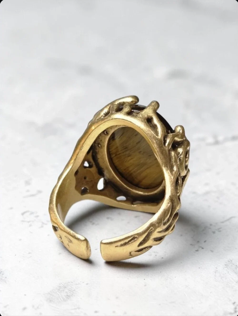 18k Gold Plated Tigers Eye Stone Crystal Caged Oversized Statement Ring